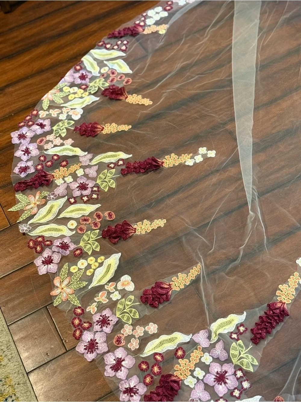 Floral Embroidered Cathedral Veil with Burgundy & Lilac Accents